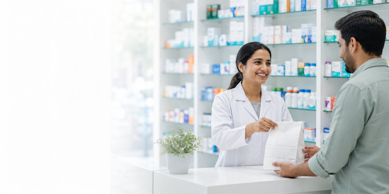 A pharmacist helping a customer at a pharmacy counter